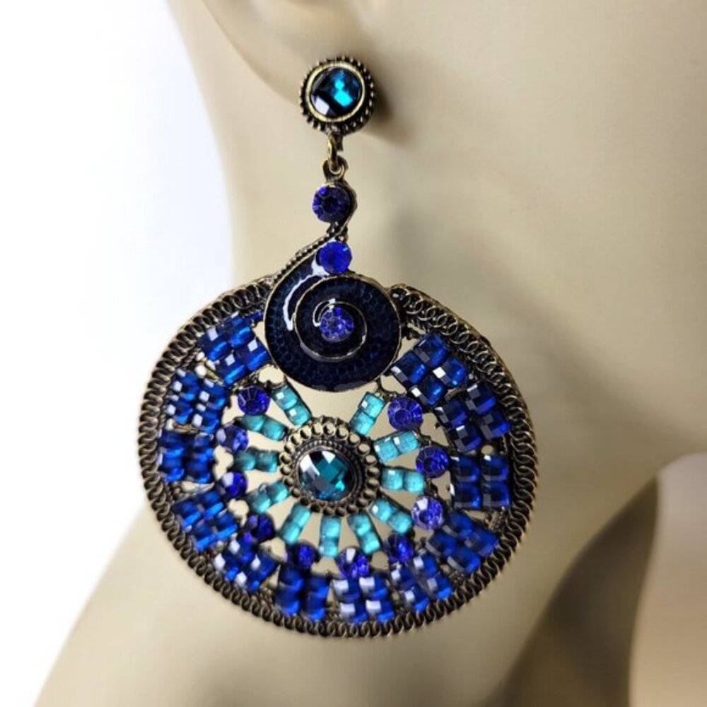 Cobalt Blue Rhinestone Circular Statement Earrings - image 2